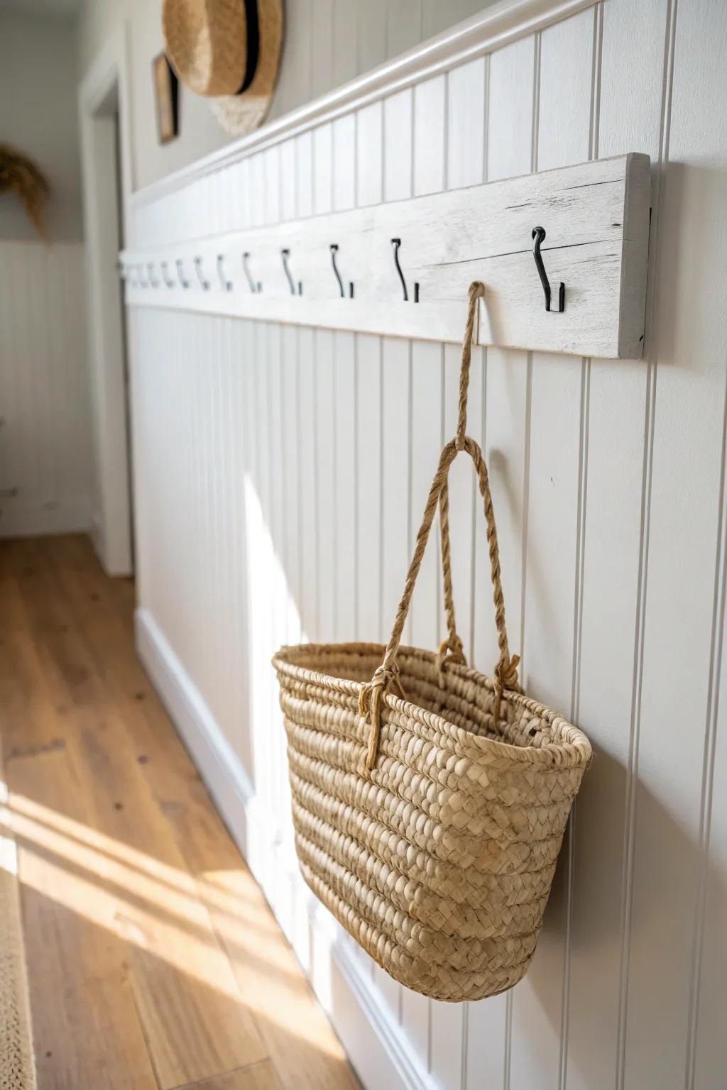 A white peg rail with a woven basket—hole-free farmhouse wall styling you can change anytime.