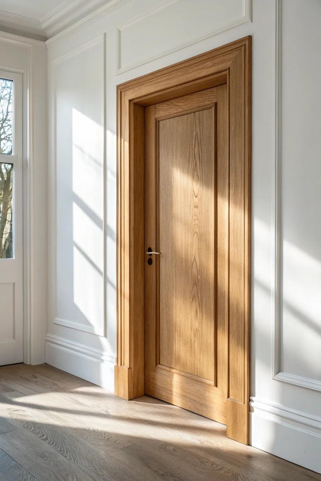 Bold inner-edge trim on a neutral casing creates a subtle picture-frame doorway on white walls.