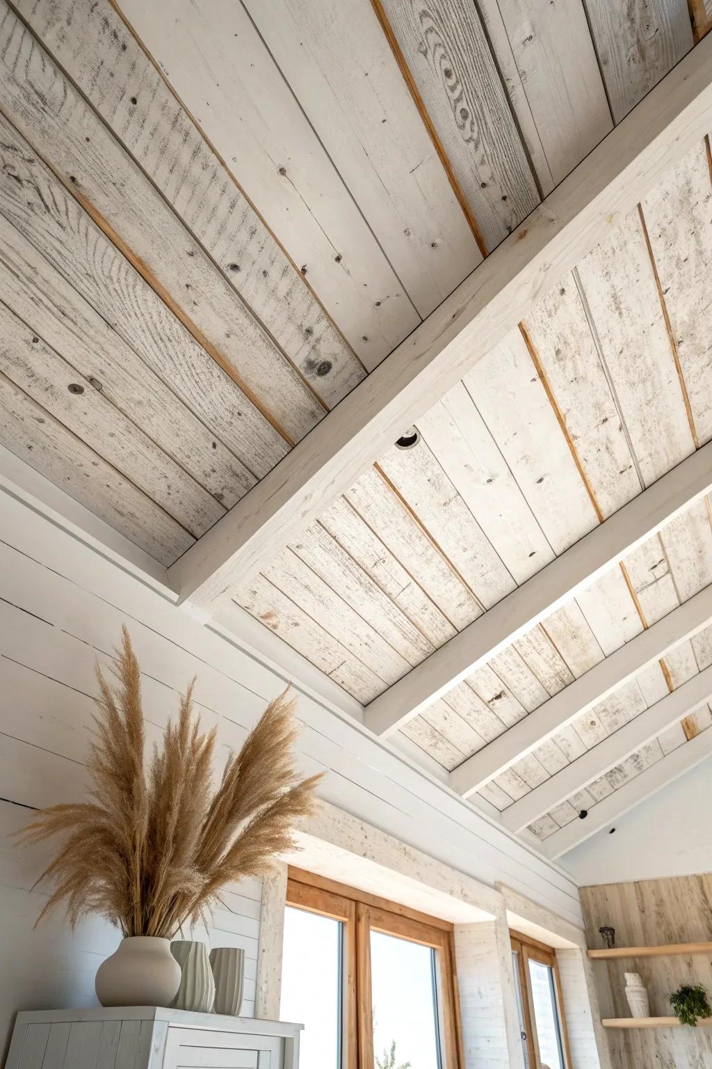 Mixed-width reclaimed planks in matte whitewash—subtle seams and grain add timeless texture.