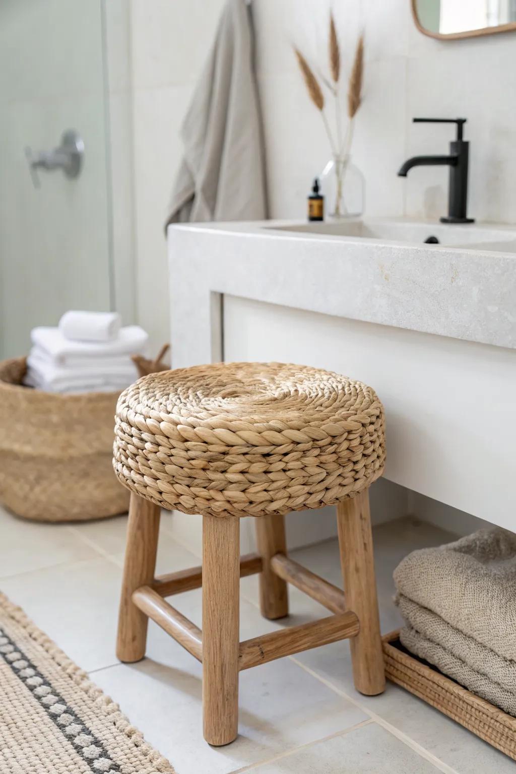 A small wicker stool adds warm texture to a minimalist bathroom—perfect for towels or candles.
