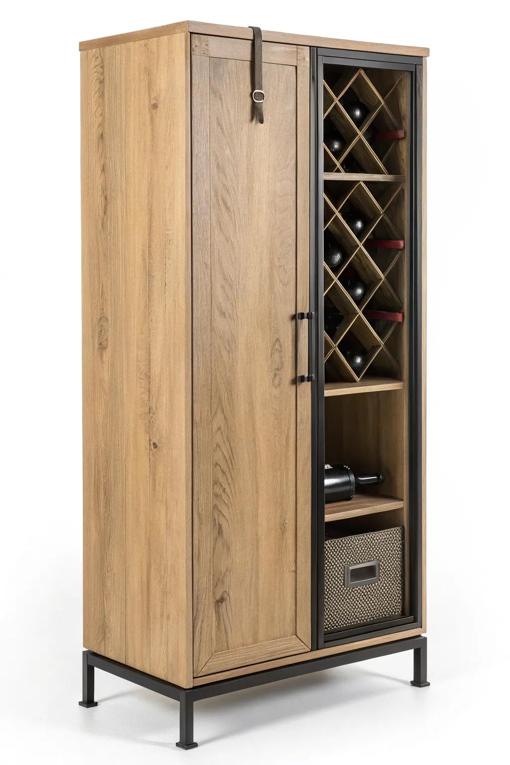 Light oak warmth meets matte black steel—minimalist wine cabinet with crisp industrial details.