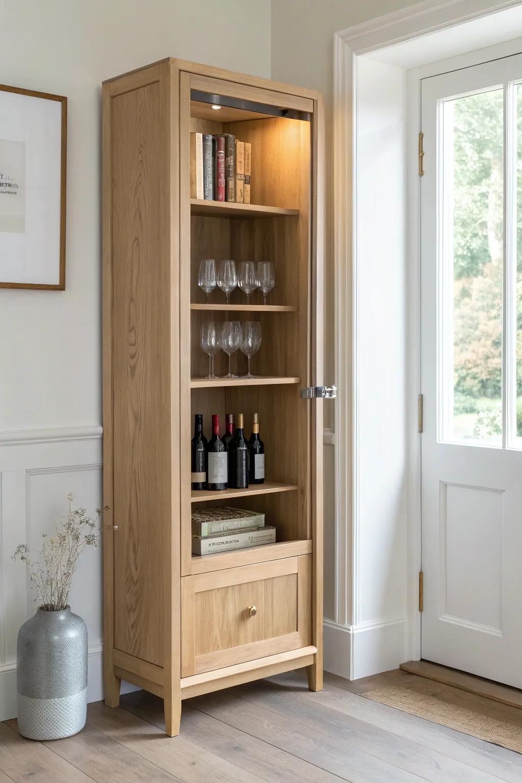 A secret bookcase wine cabinet—clean Scandinavian lines with a warm, hidden glow inside.