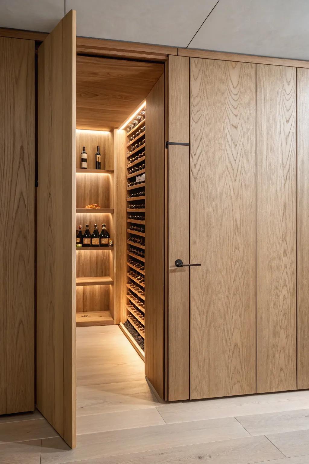 A secret wine cellar door hidden in oak paneling—minimal, warm-lit, and beautifully seamless.