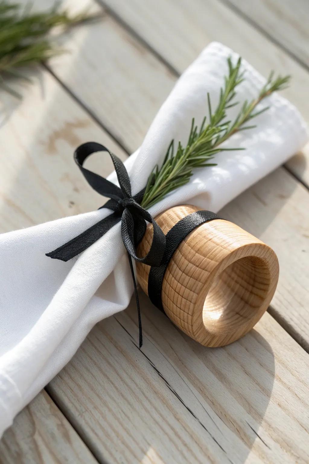Black ribbon on white linen, warmed by oak and evergreen—minimal winter table magic.
