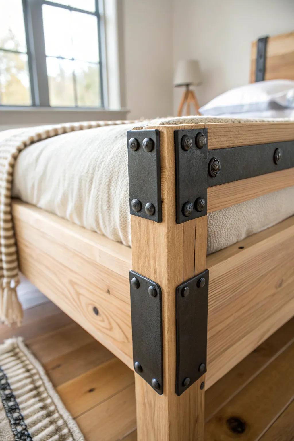 Pine bed frame with matte black strap corners—minimal, architectural, and beautifully handmade.