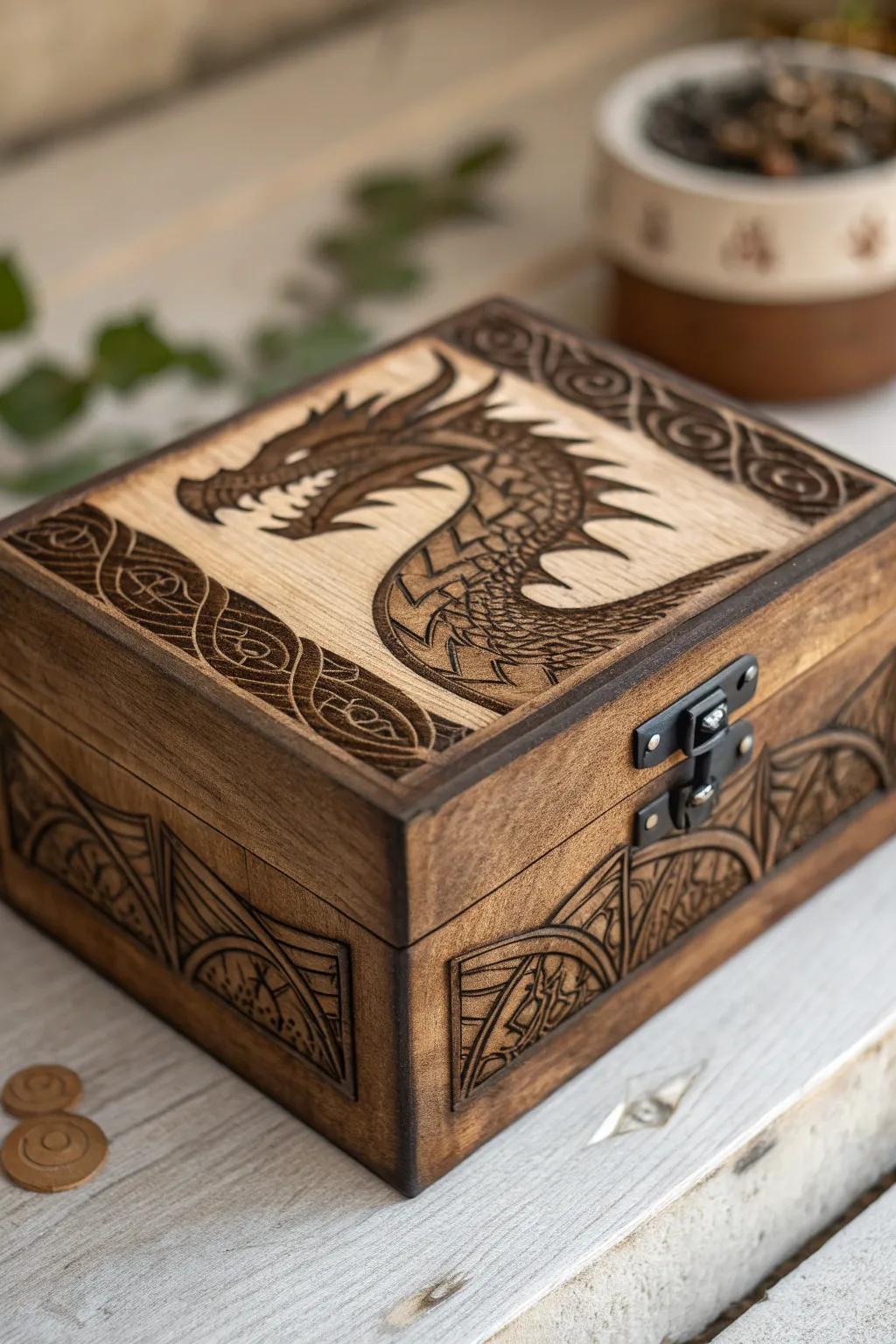 Unleash the power of myth with this stunning dragon stencil on wood.