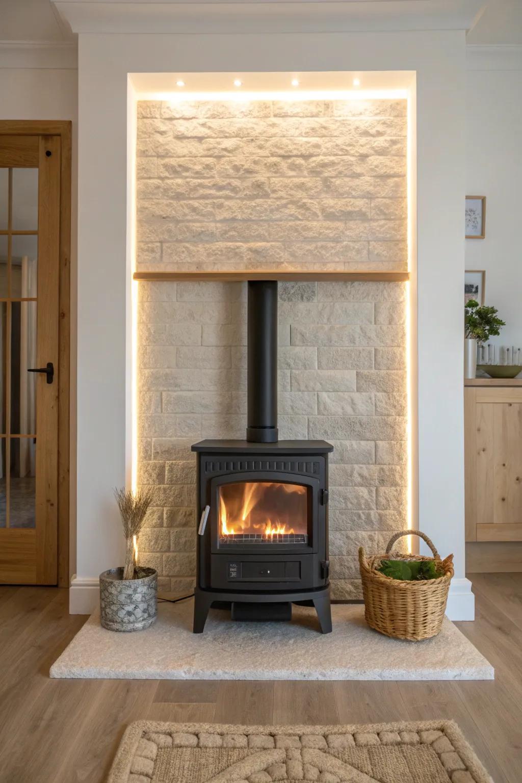 A backlit stone panel adds a soft halo glow—elevating your wood stove with calm, cozy contrast.