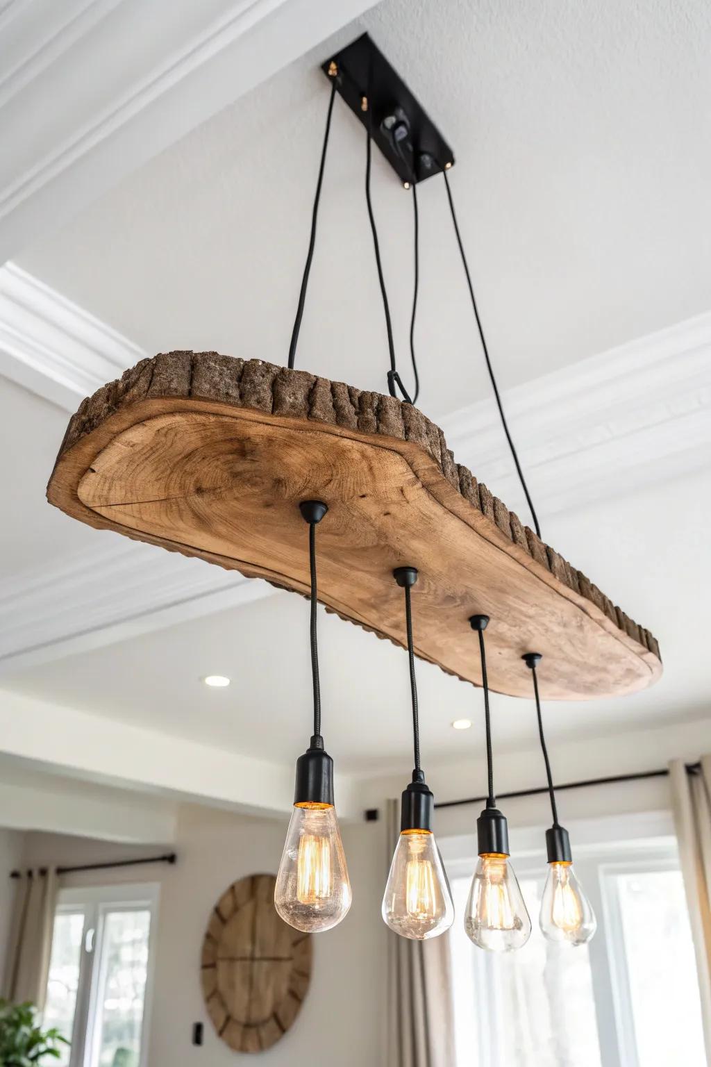 A live-edge wood slab chandelier that floats like art—warm glow, rustic drama, clean lines.