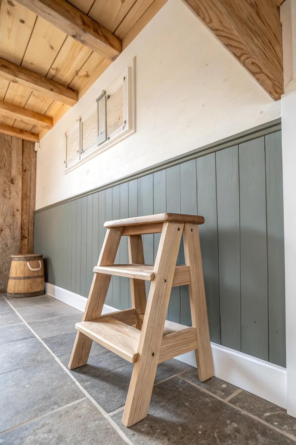 Two-tone walls (dark below, light above) ground a wood ceiling and keep the room airy.