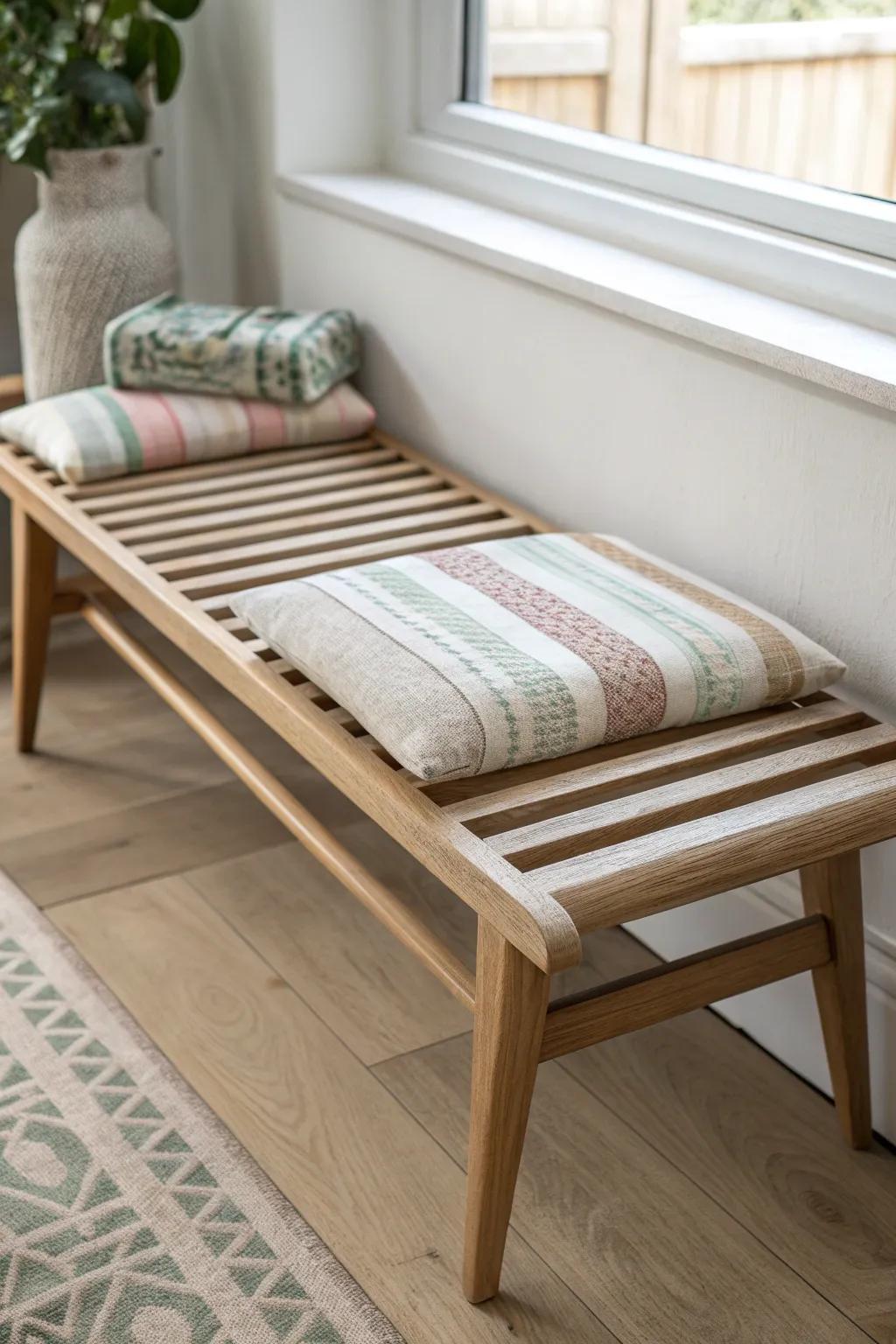 Turn a simple slatted bench into soft style with fabric decoupage and natural wood grain.