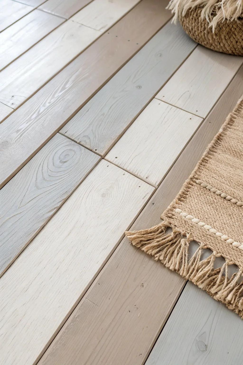 Two close warm neutrals, alternated plank by plank, for a subtle designer two-tone floor.