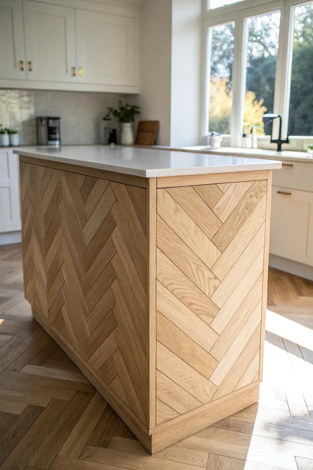 Chevron wood countertop detail that turns a small island into a piece of fine furniture.