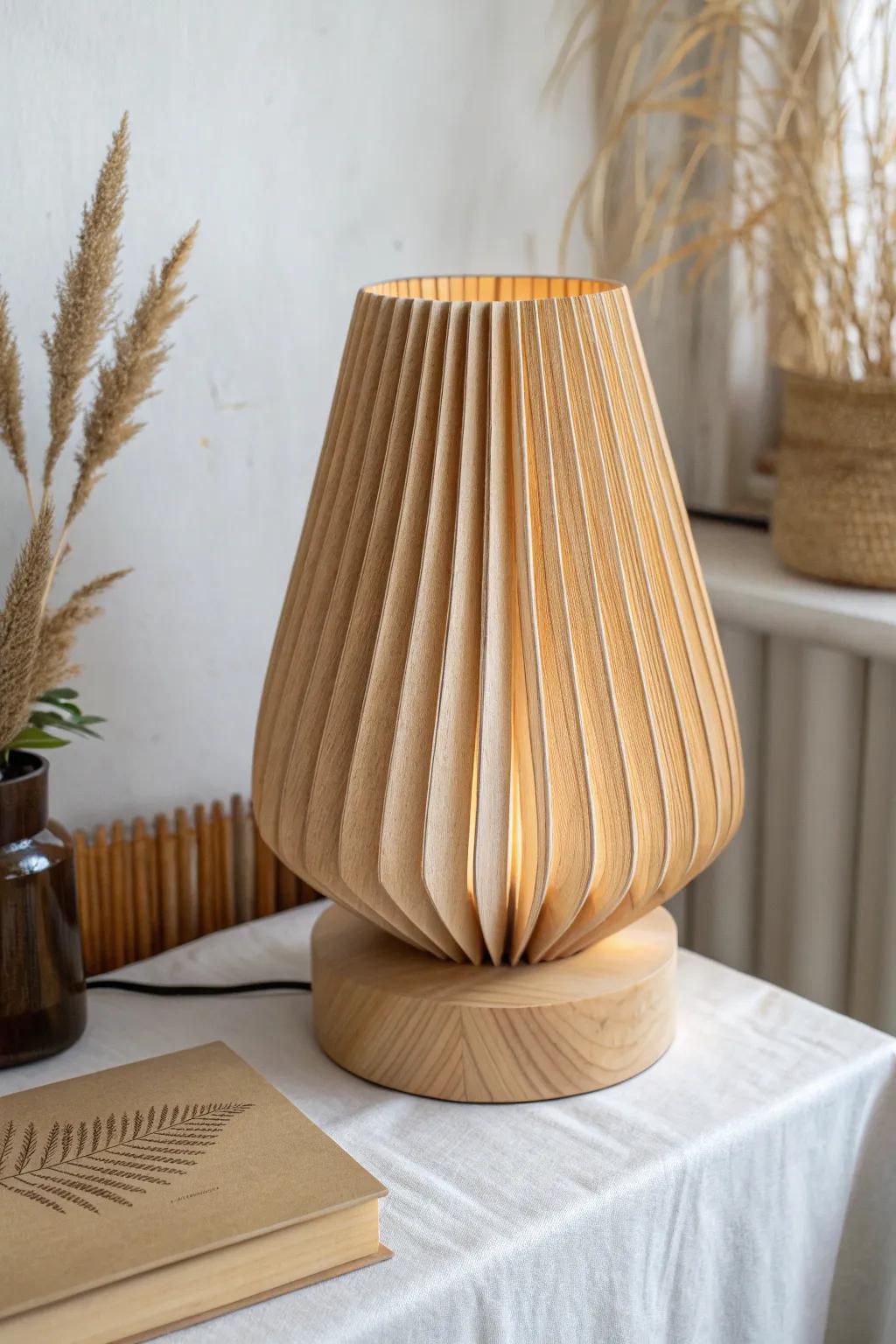 Accordion-fold oak shade lamp—soft curves, warm glow, and sculptural Scandinavian calm.
