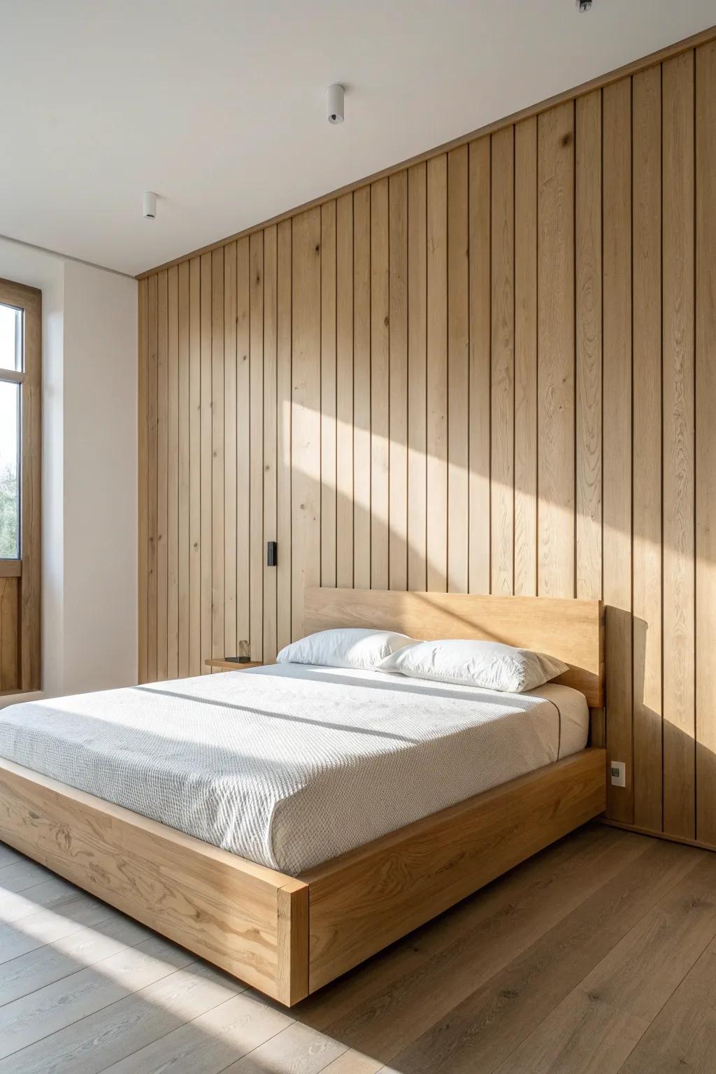 Floor-to-ceiling oak paneling with a slim break line adds calm structure behind the bed.