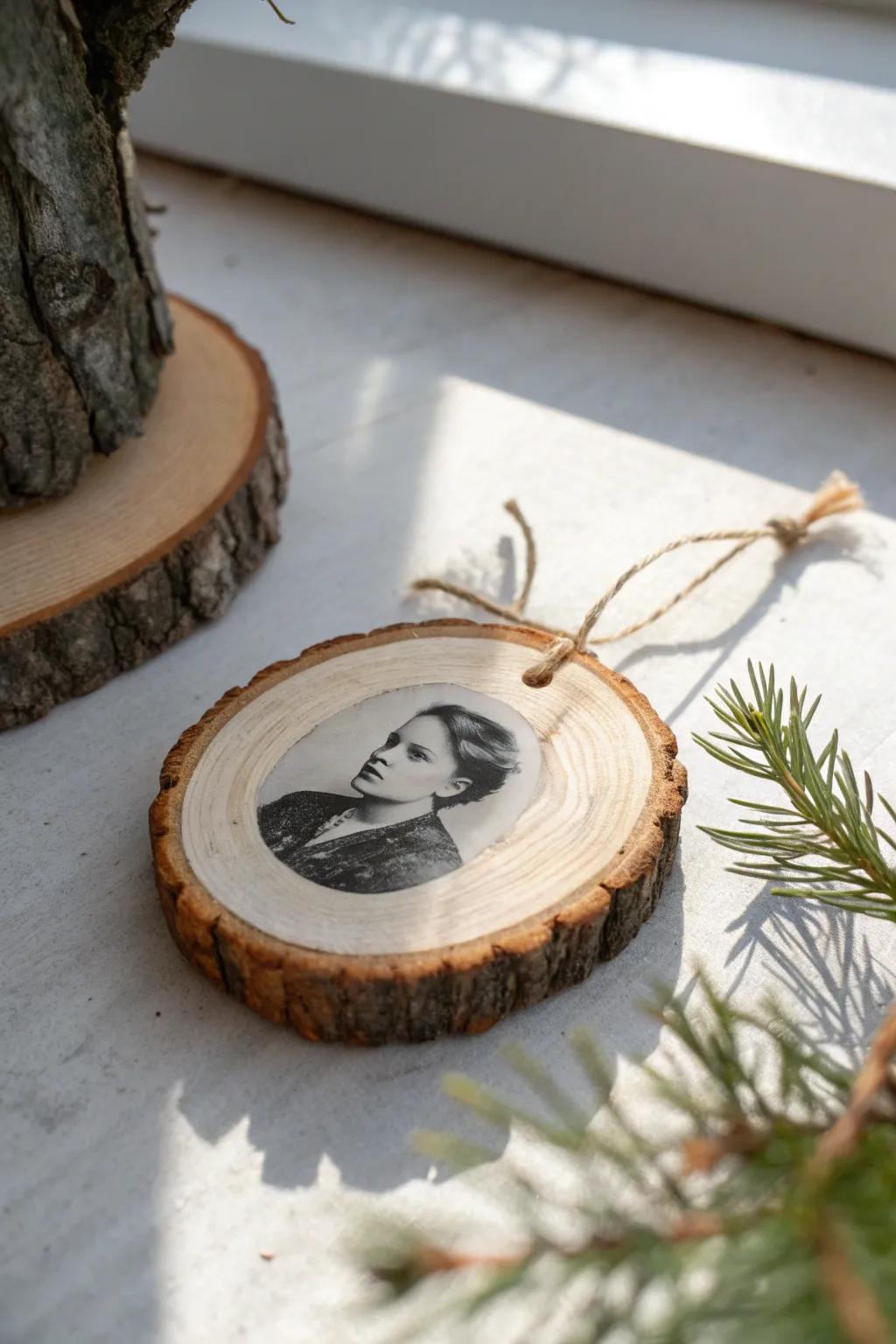 A wood slice photo transfer ornament—softly faded so the grain shows through beautifully.