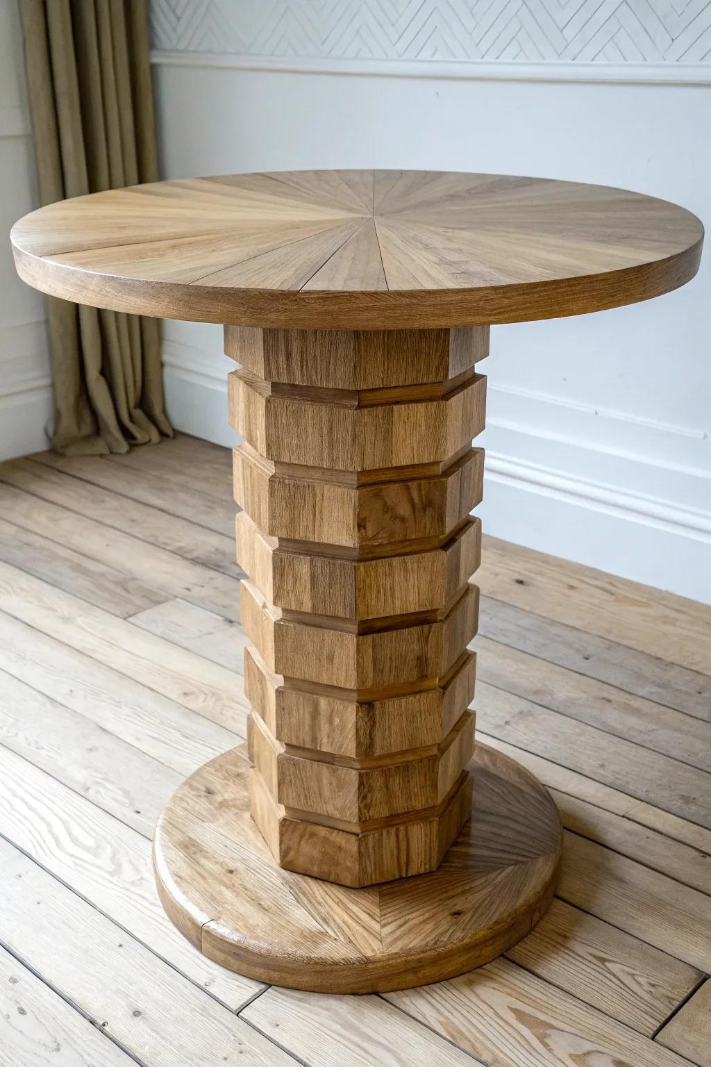 Stacked offcut blocks become a sculptural pedestal base—minimal, warm, and beautifully crafted.