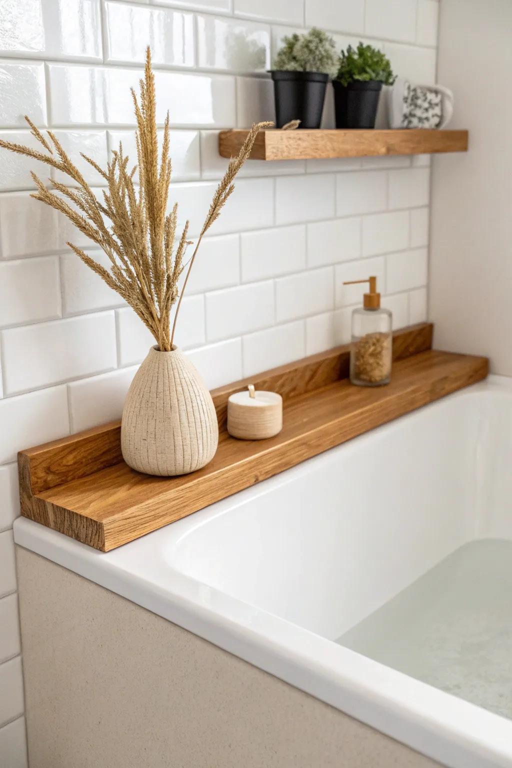 A slim floating wood shelf band above the tub adds warmth, style, and simple storage.