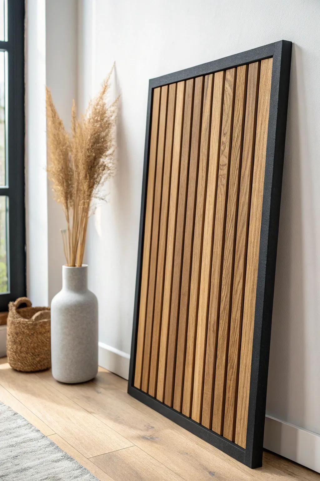 Warm oak slats on charcoal felt—minimal acoustic wall art that looks luxe and softens echo.