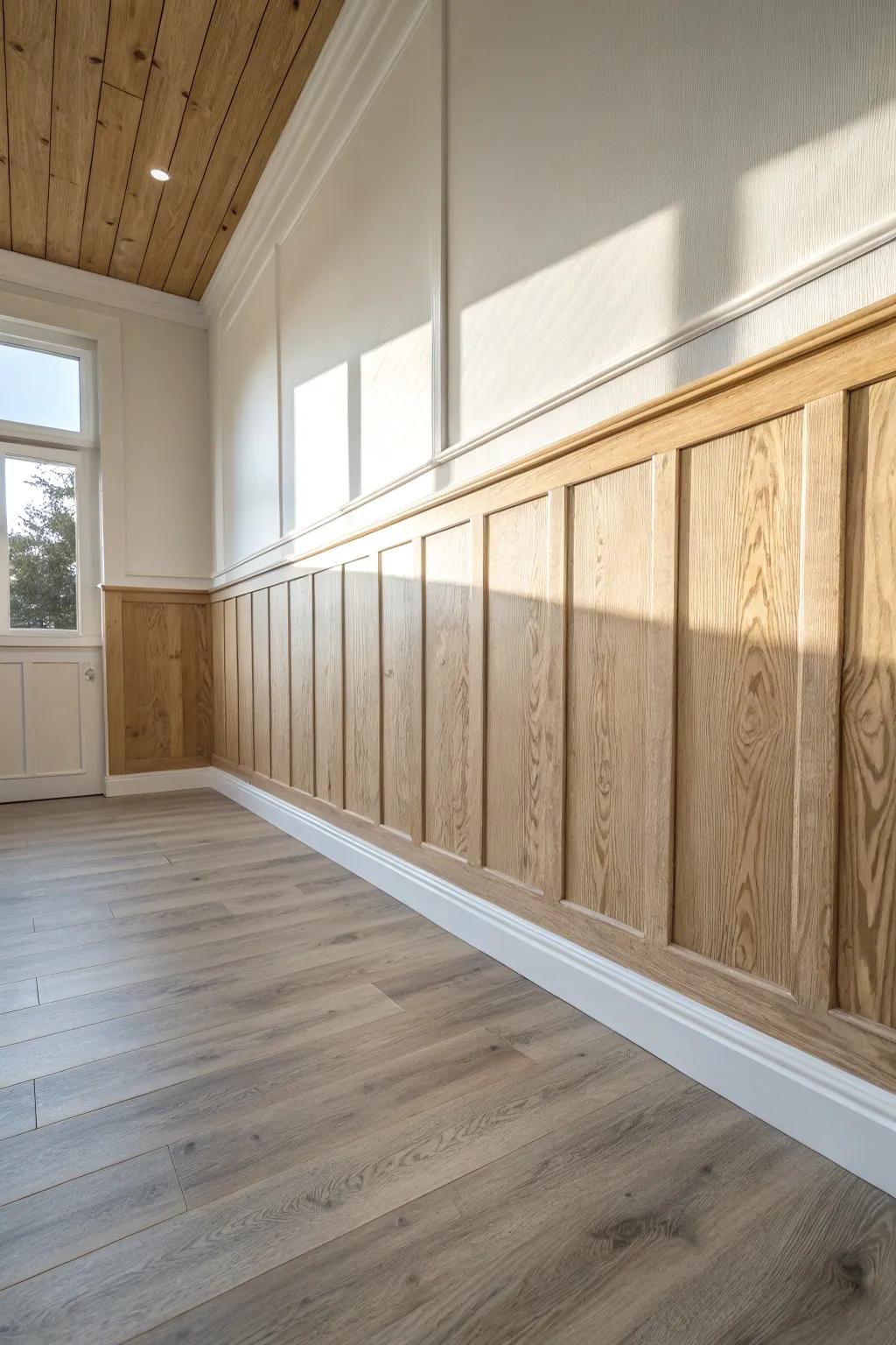 Wainscoting below, slats above—painted one soft tone for a seamless, designer wall.