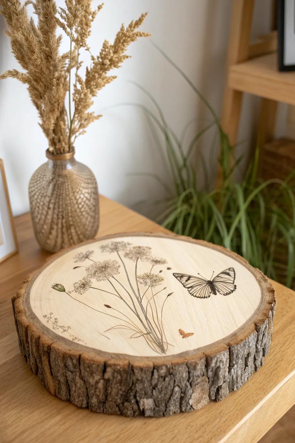 Bark-edge wood slice with a painted butterfly and wildflowers—nature framed by real grain.