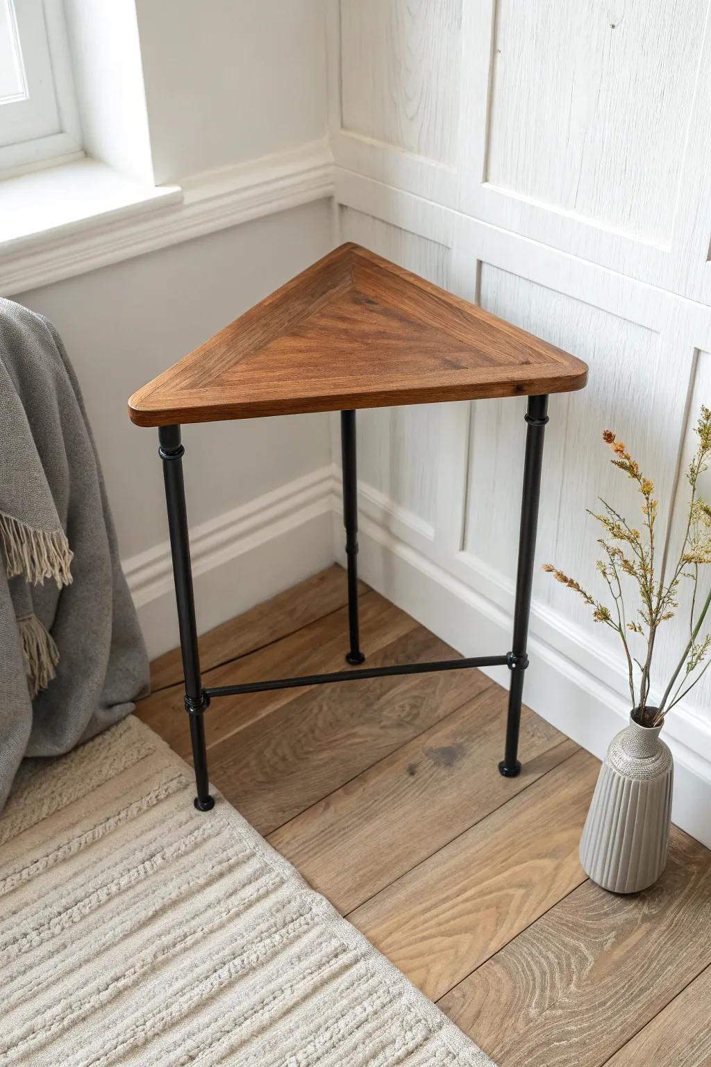 Warm walnut meets matte black pipe legs—an airy industrial corner table with Scandi calm.