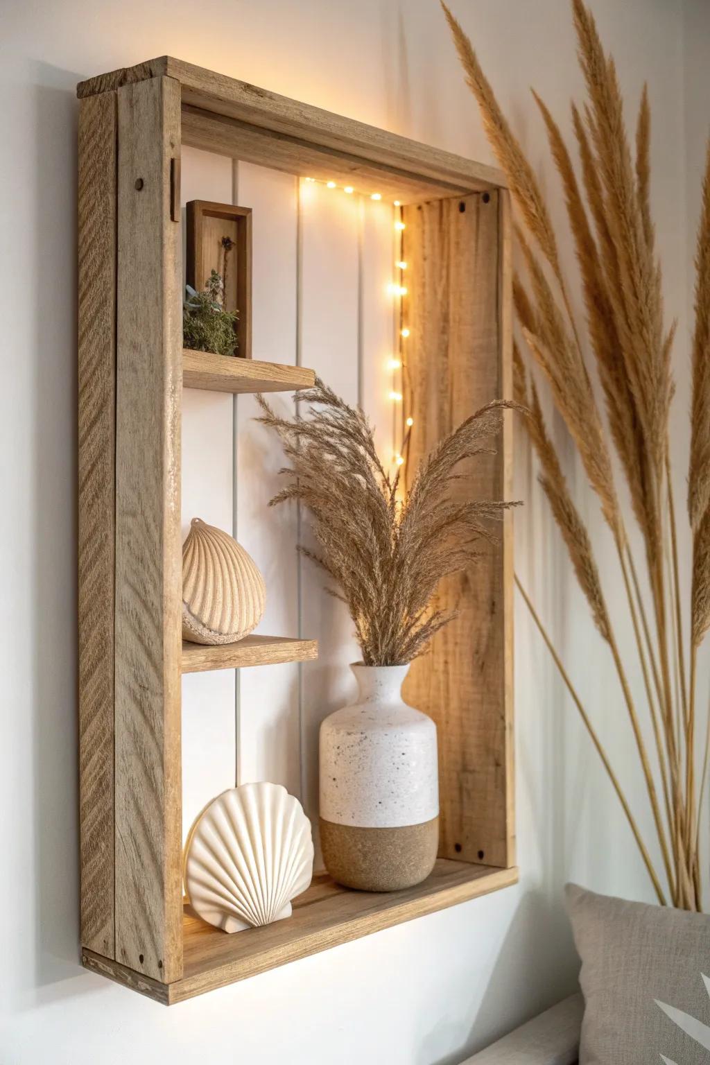 A wooden crate shadowbox with warm backlighting—perfect for dried florals and keepsakes.