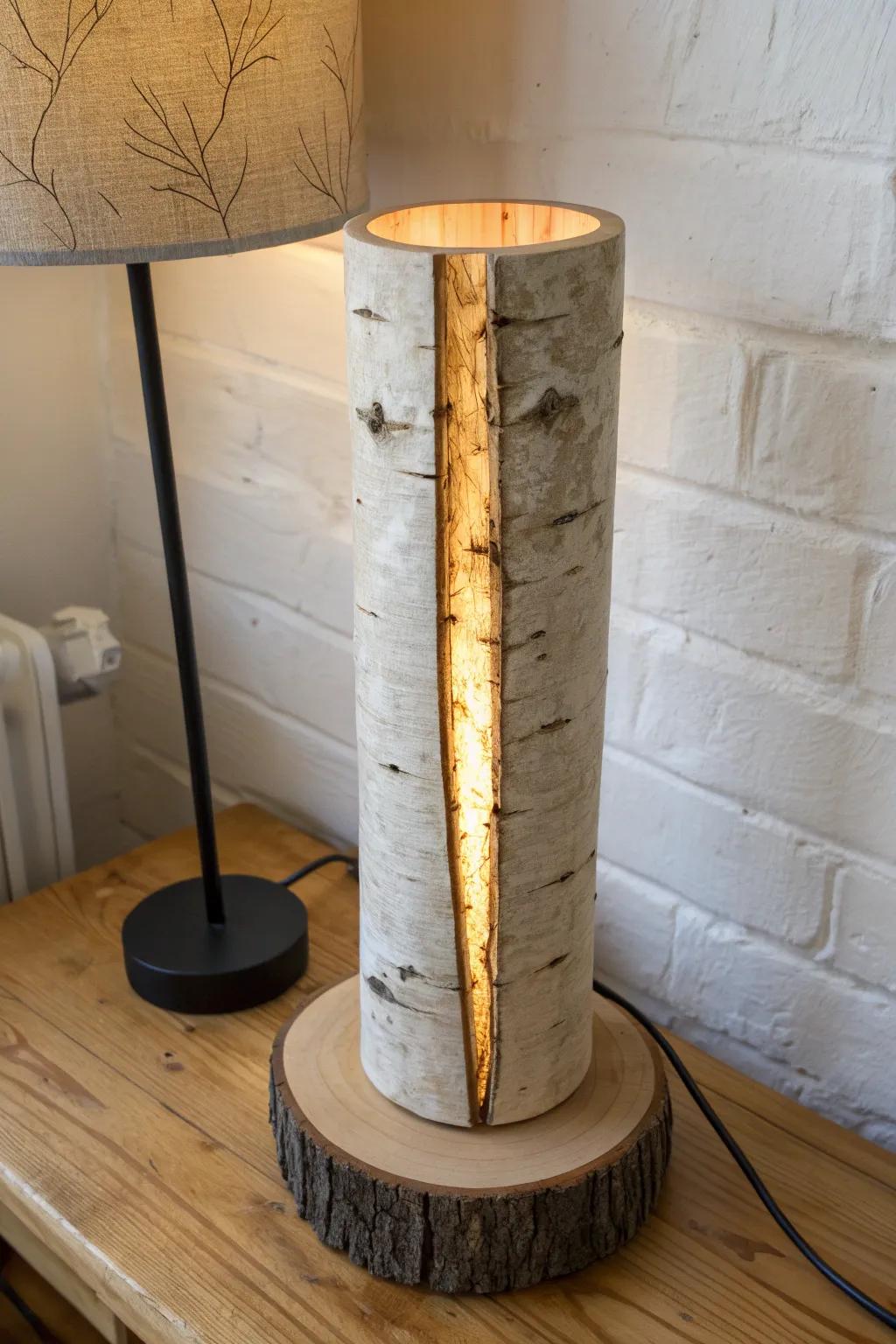 Split log glow-through lamp: raw wood texture and a warm crack of light, boutique minimal.