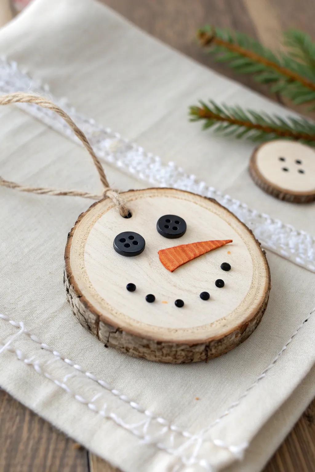 Cute snowman face ornament: wood round + beads + buttons for a cozy handmade winter look.