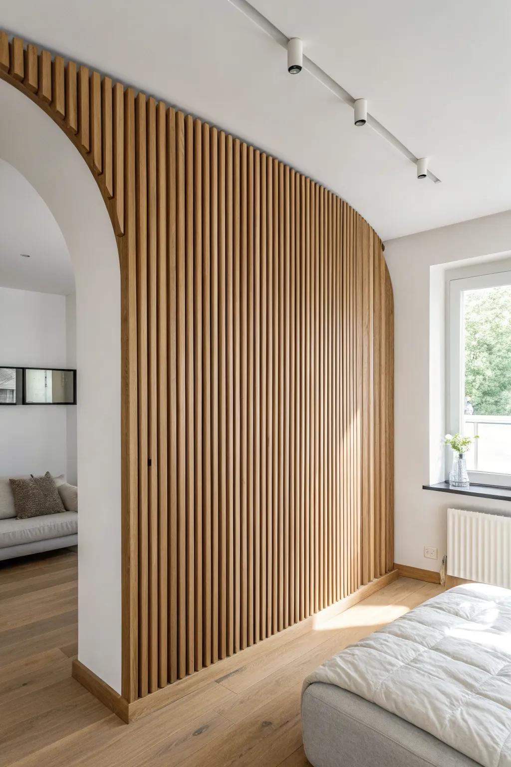 Curved wood slat feature wall—soft modern lines, warm oak contrast, Scandinavian calm for a cozy nook.
