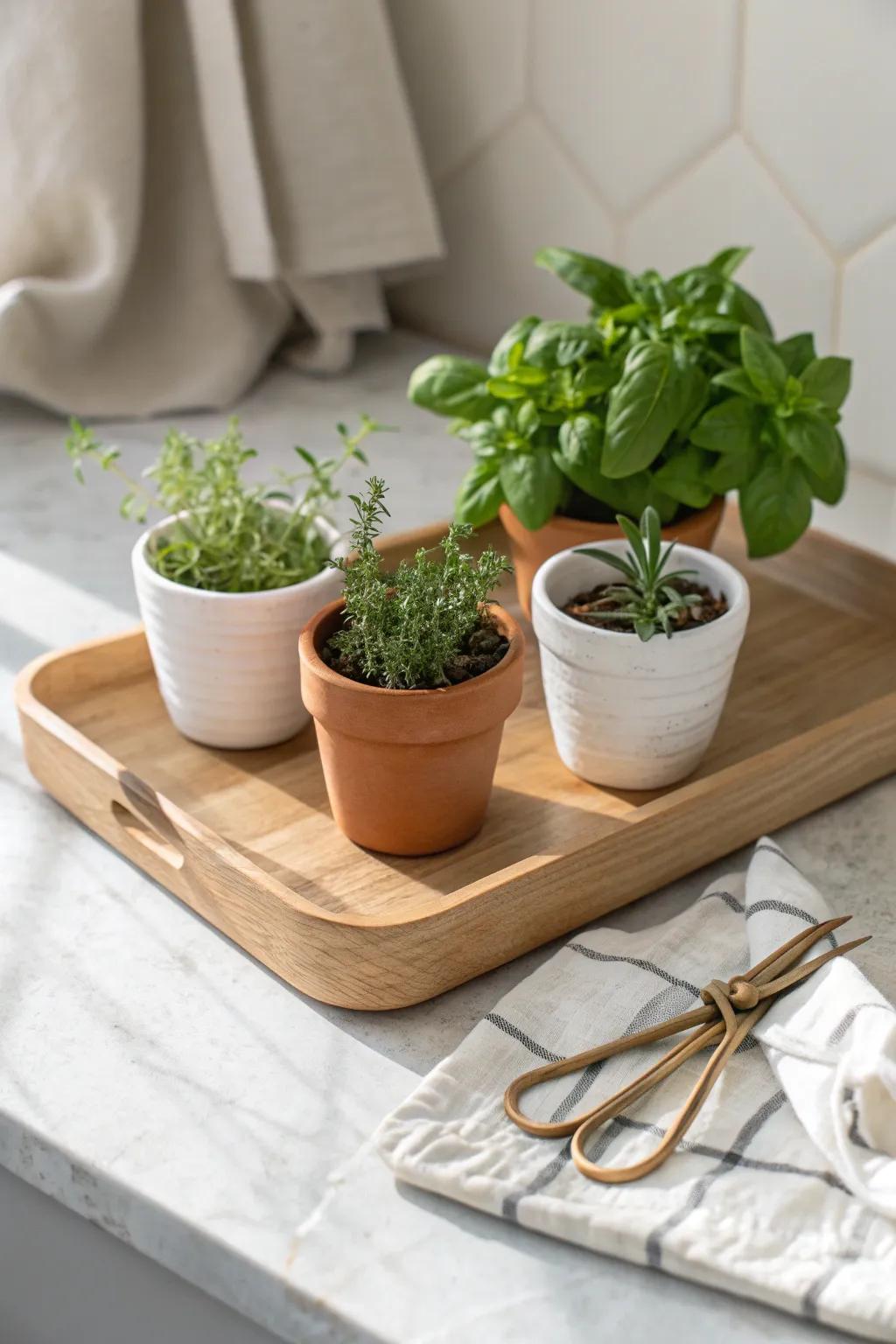 A simple wood tray with herb pots and snips—fresh, earthy, and beautifully functional.