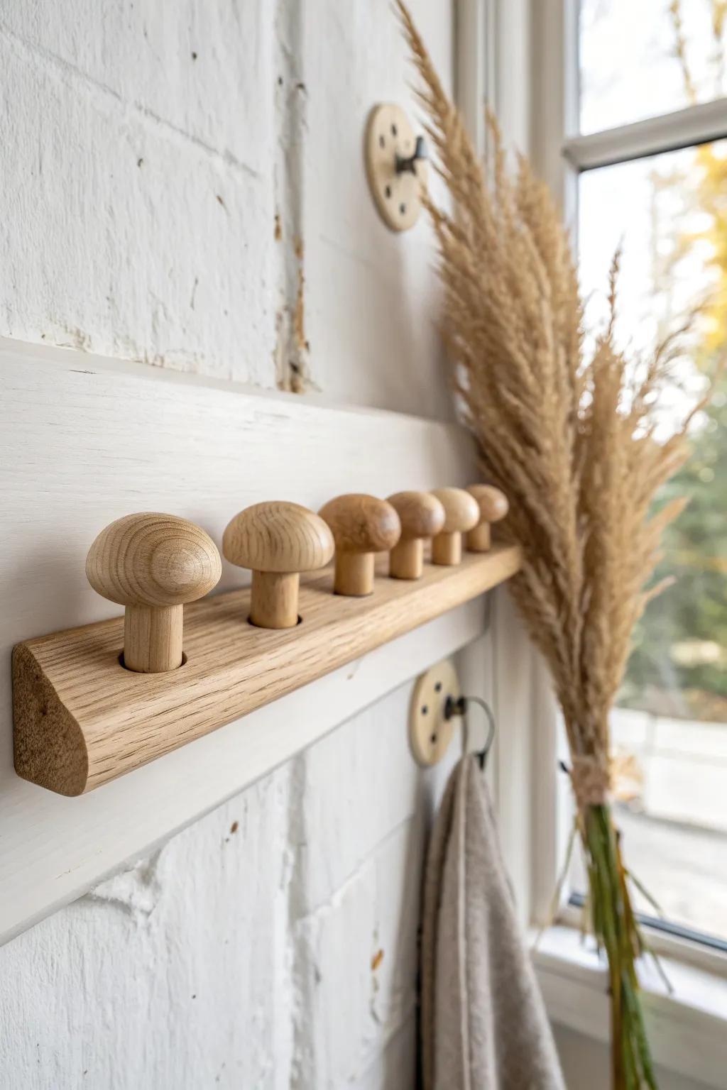 Scrap-wood mushroom peg rail—minimal, whimsical woodland charm for a calm entryway.