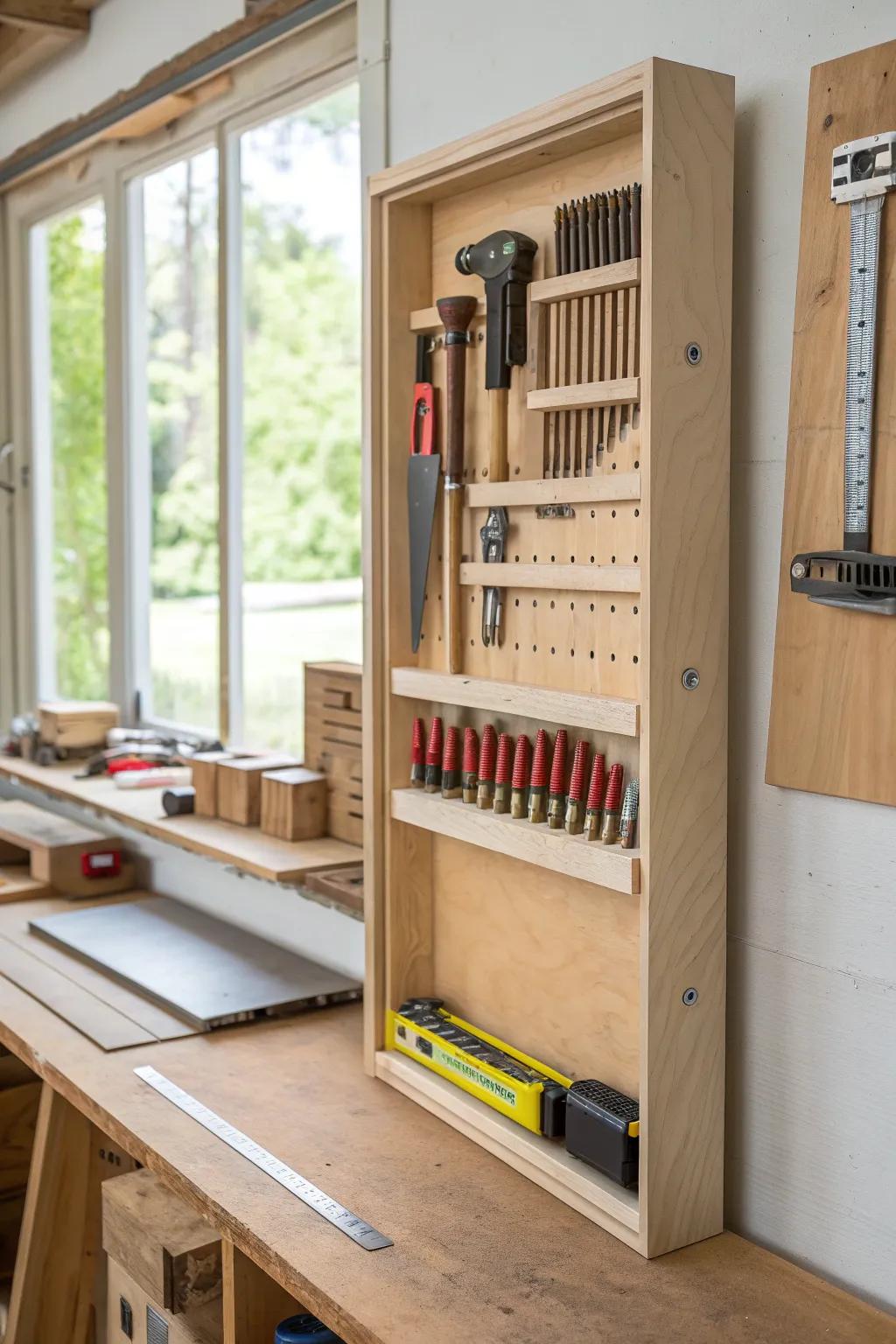 Sliding wall panels create hidden tool storage—double the space without adding clutter.
