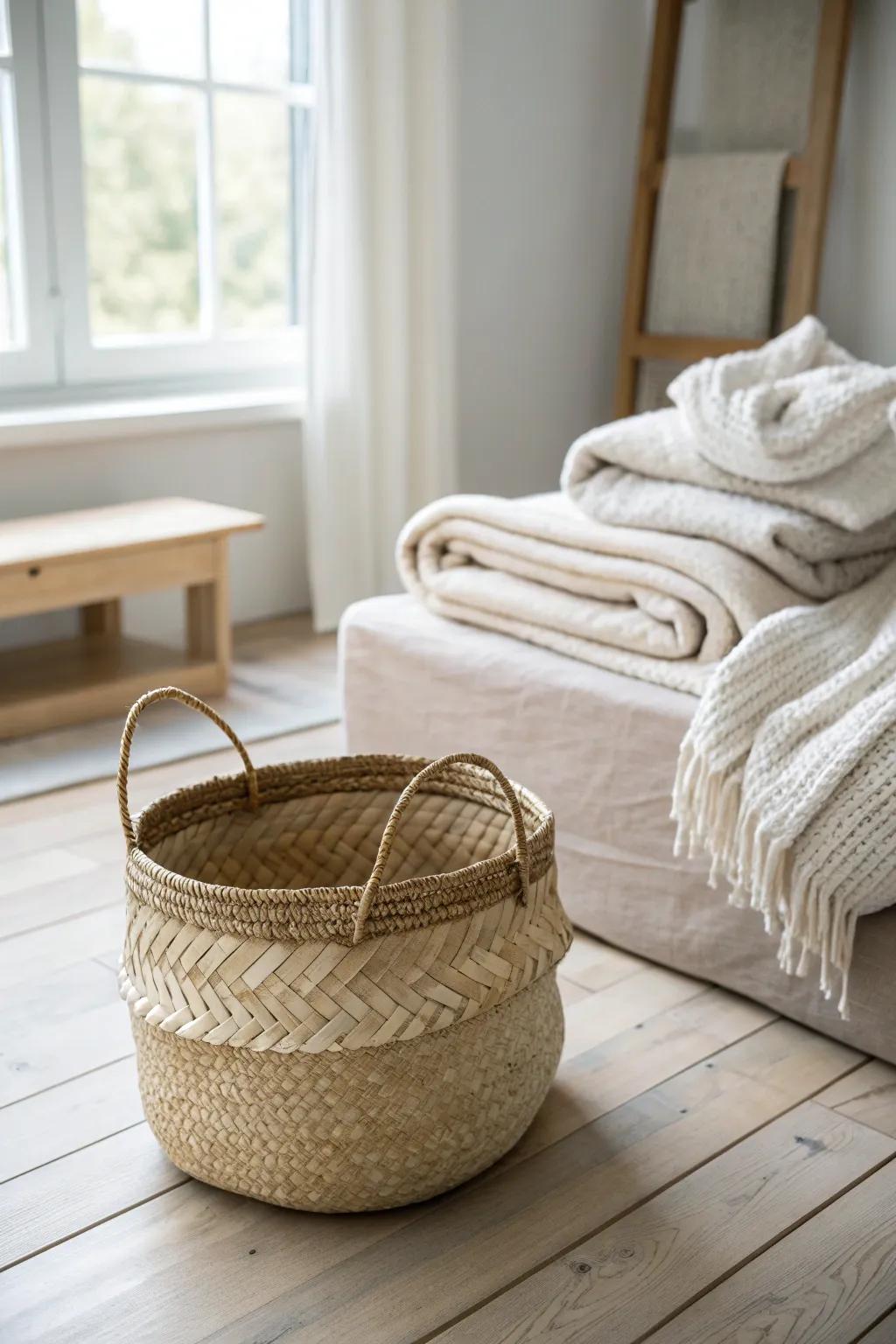 Woven baskets soften clean wood lines and hide bedroom clutter with cozy woodland charm.