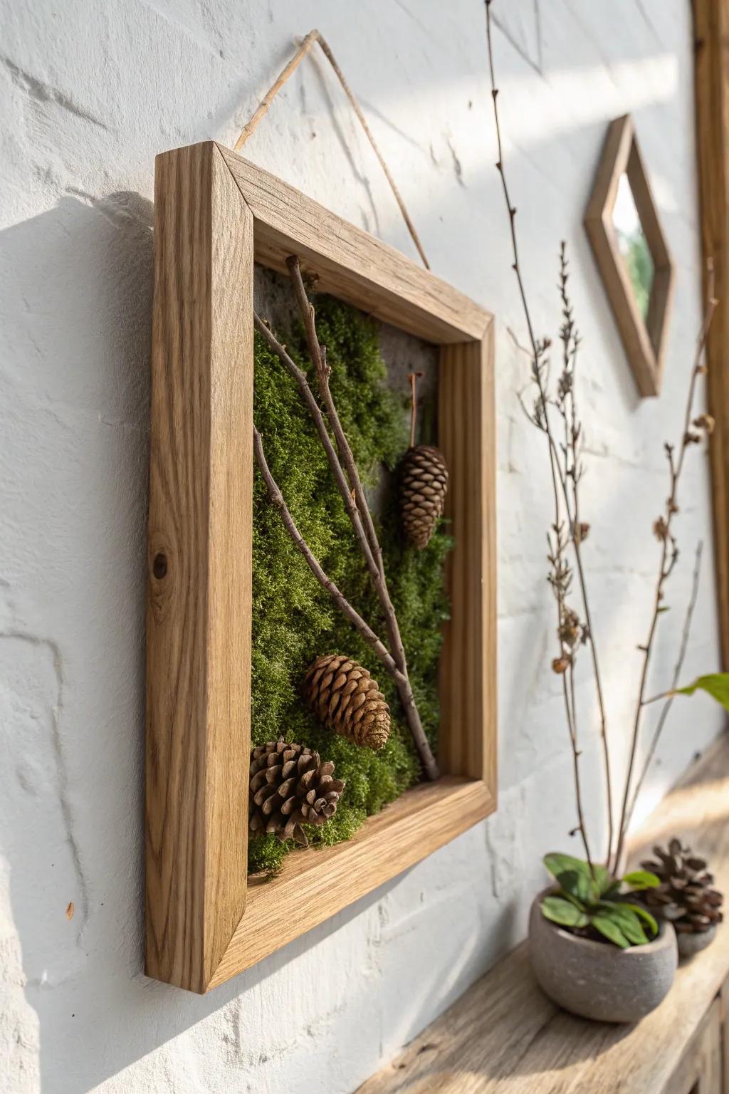 A tiny forest window: minimalist oak shadowbox with lush preserved moss and pinecones.
