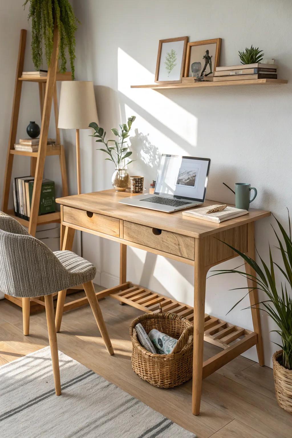 Light oak desk with floating shelves—simple storage, plants, and calm WFH sanctuary vibes.