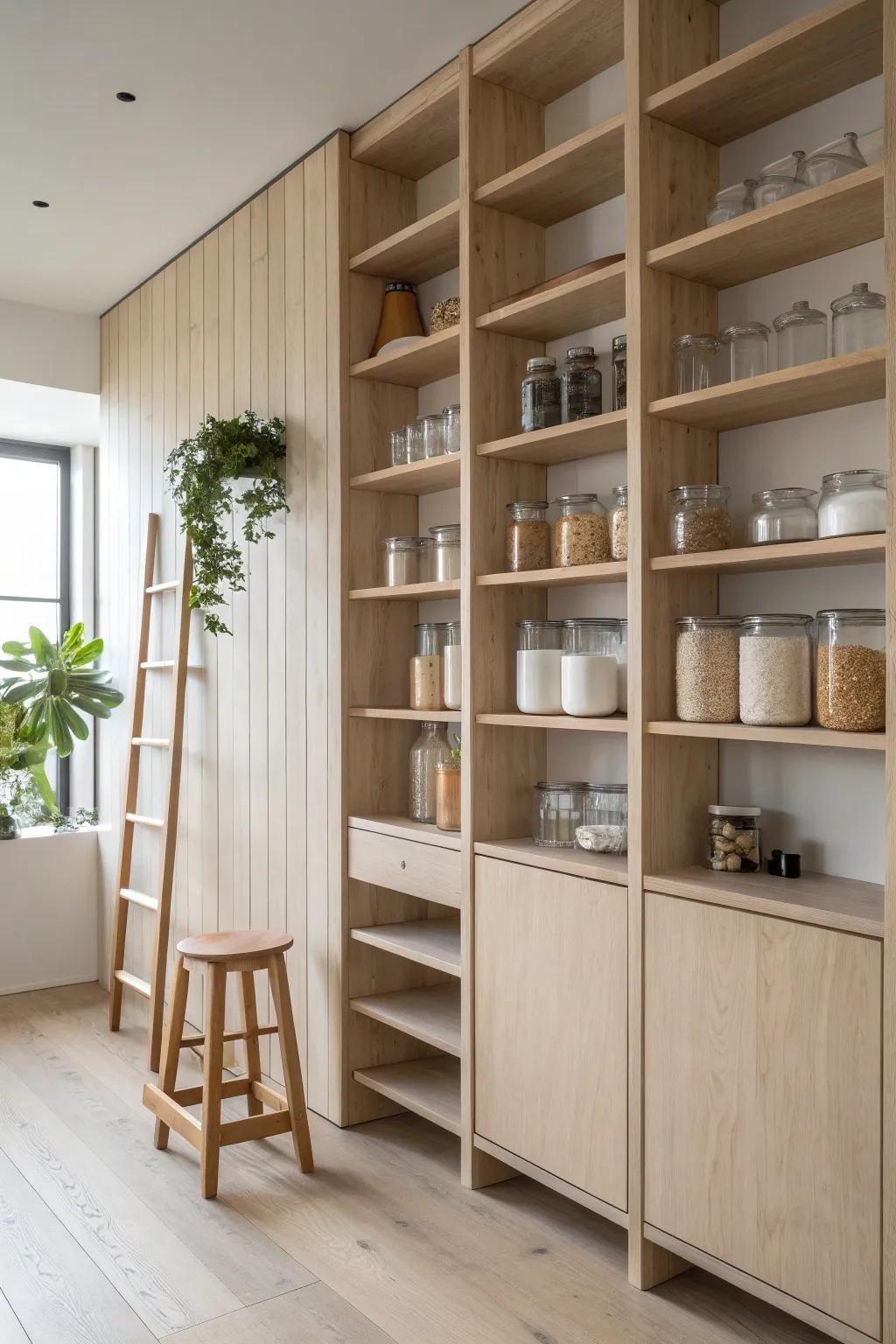Floor-to-ceiling birch shelving turns a small working pantry into calm, high-capacity storage.
