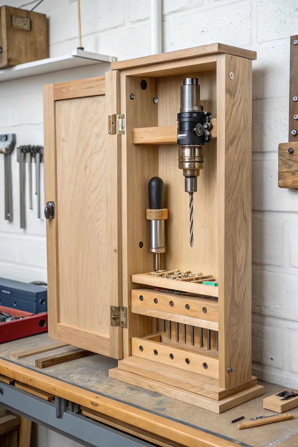 A tidy drill-press bit & jig cabinet in pale oak—minimal, warm, and beautifully organized.