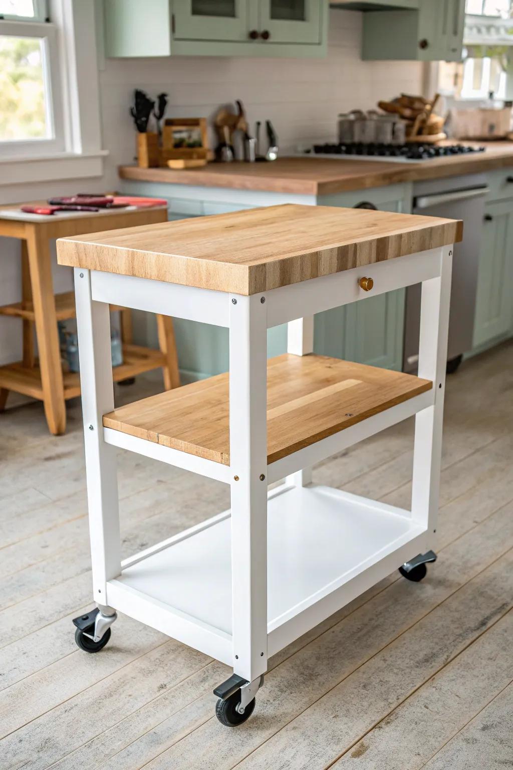 Roll-to-the-light workstation cart with a chunky butcher-block top—clean, calm, and craft-ready.