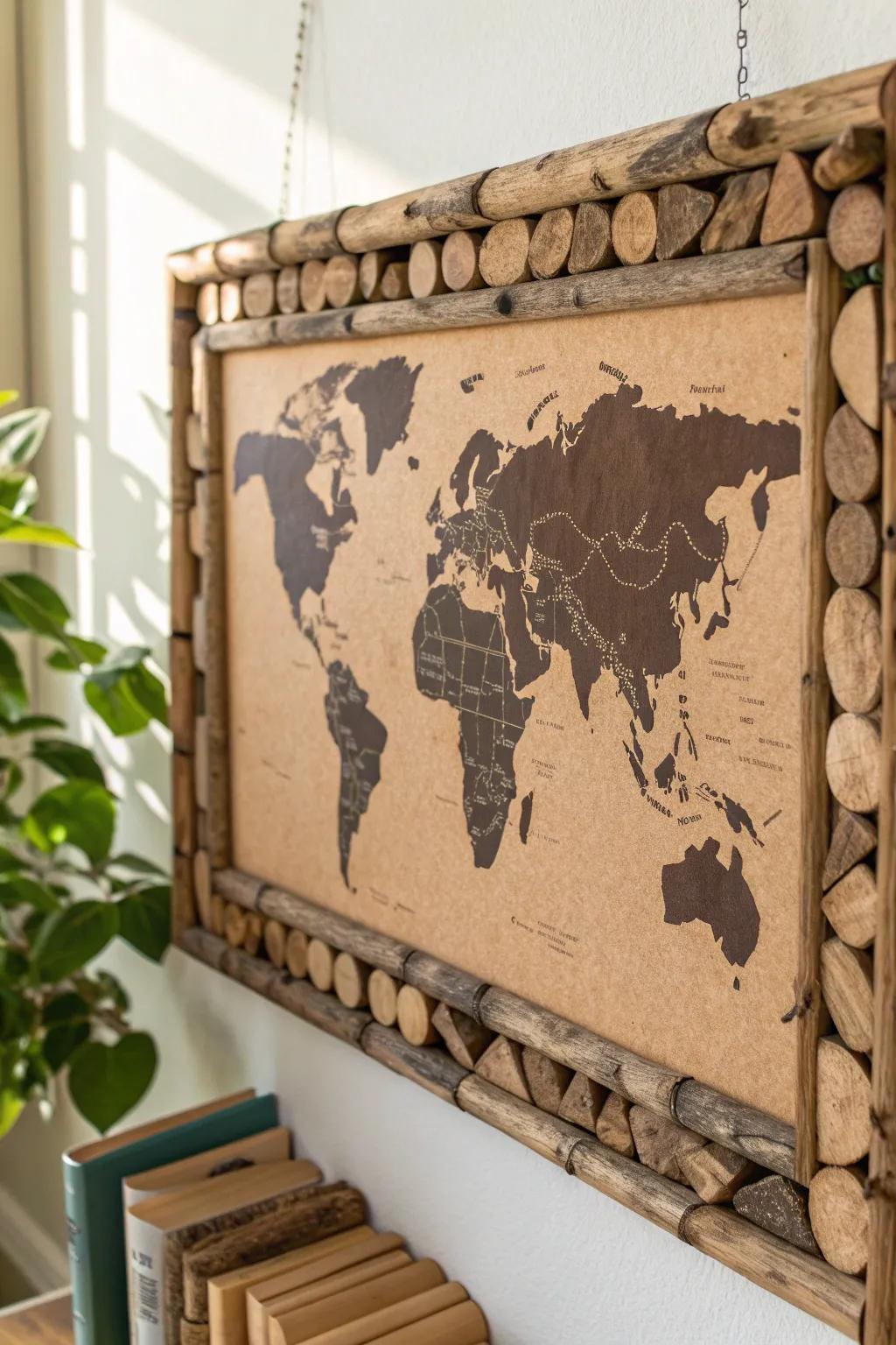 A driftwood “coastline” frame turns a world map bulletin board into a rustic wall artifact.