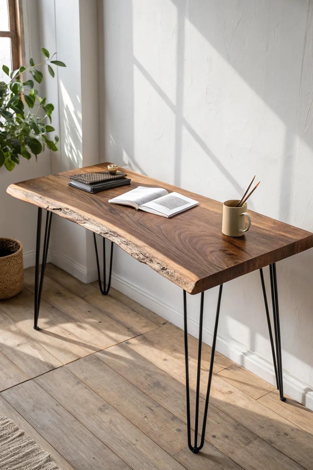 A live-edge walnut writing desk with slim steel legs—minimal, airy, and beautifully crafted.