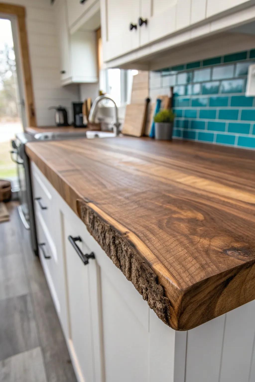 A live-edge countertop adds instant custom character to a 12x32 tiny house kitchen.