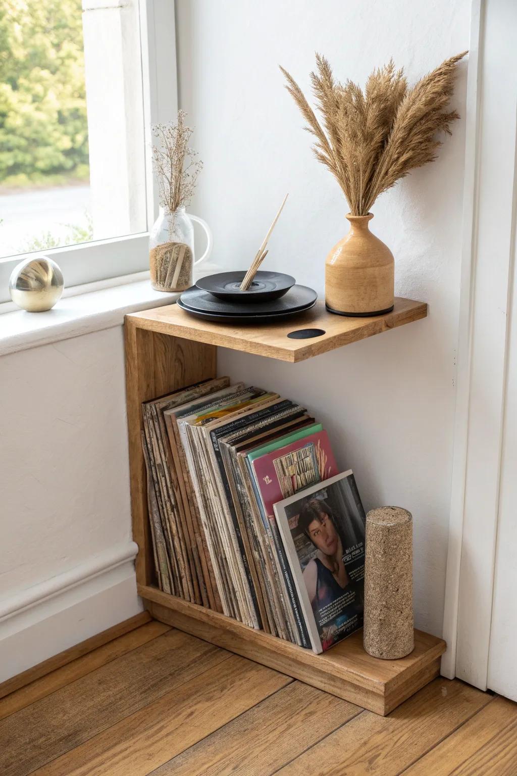 Corner wedge shelf: a space-saving, craft-forward way to keep vinyl upright and beautiful.