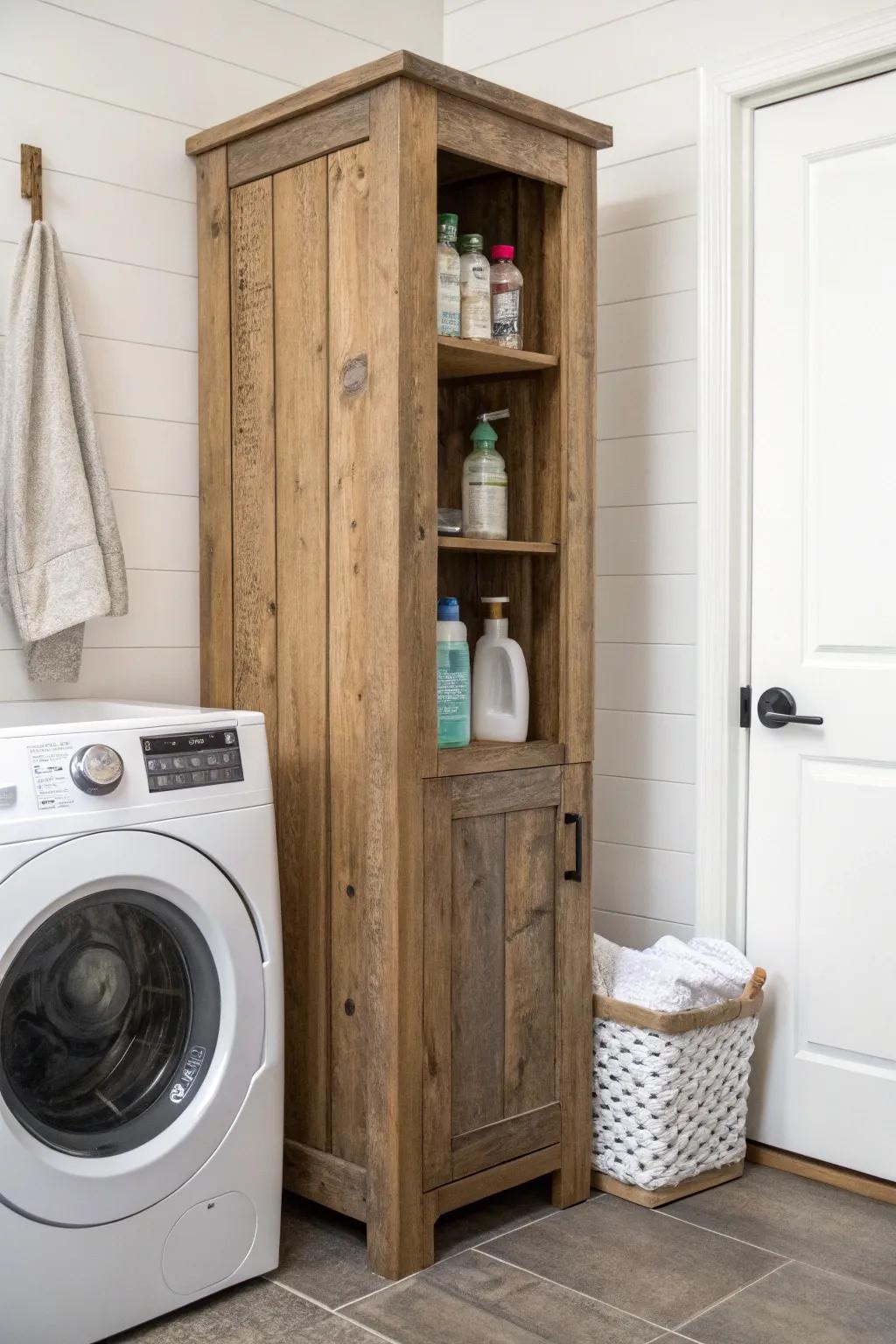 Slim 9-inch reclaimed-wood detergent tower—pull-out storage with bold, minimalist contrast.