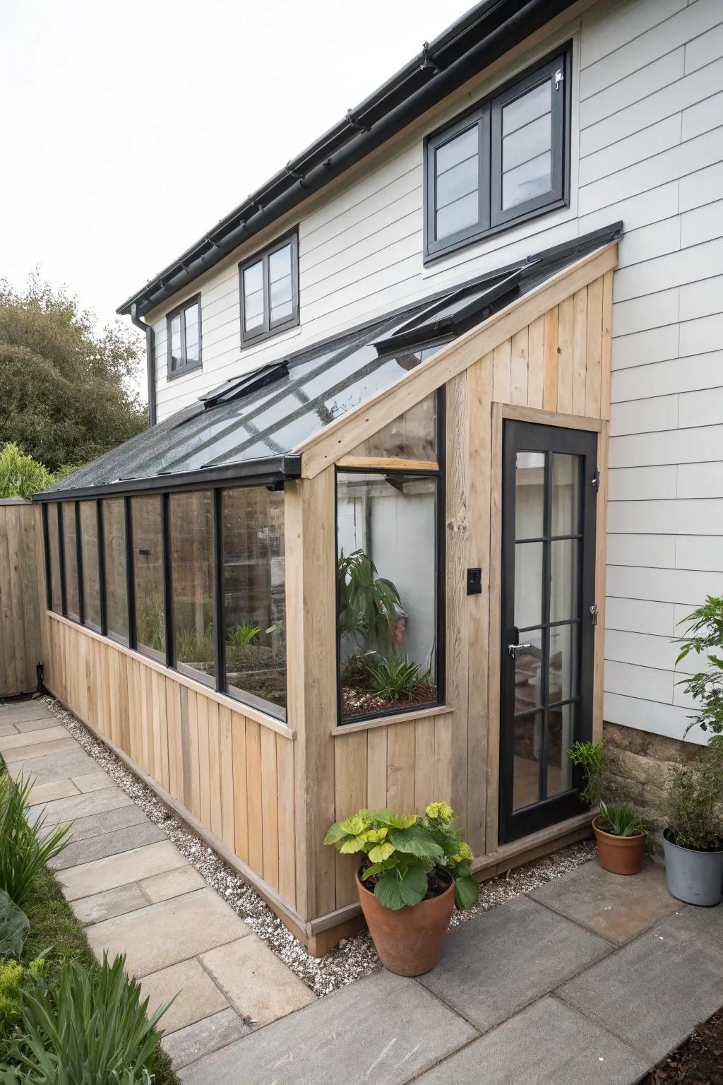 A cozy lean-to greenhouse: reclaimed wood base + translucent panels for bright winter greenery.
