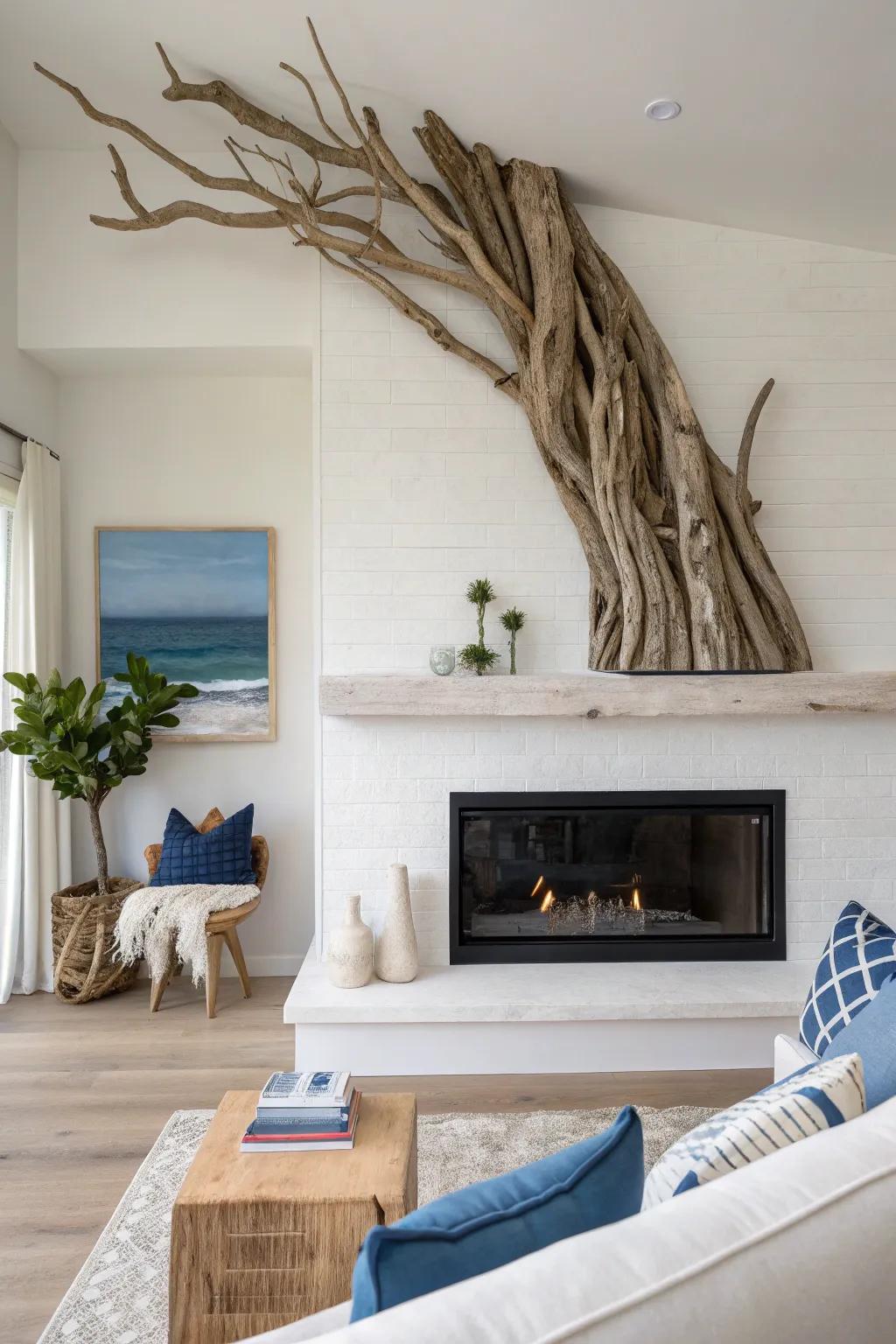 Coastal driftwood sculpture above the fireplace—natural texture that shines in a calm, neutral space.