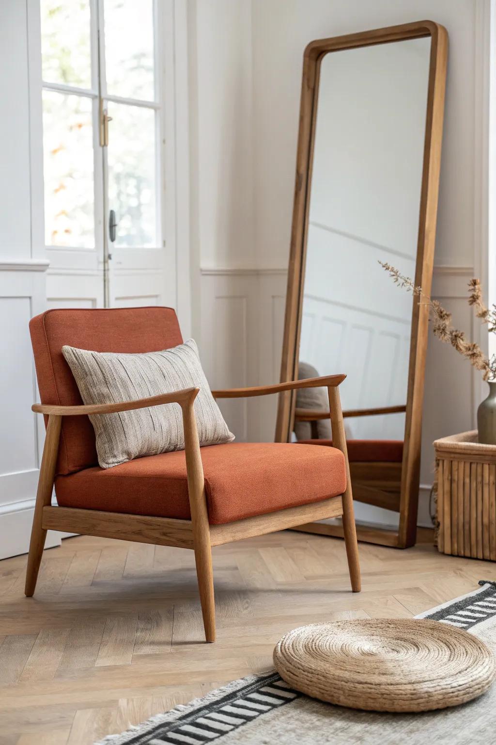 A leaning wood-framed mirror behind your accent chair instantly creates a bright, boutique corner.