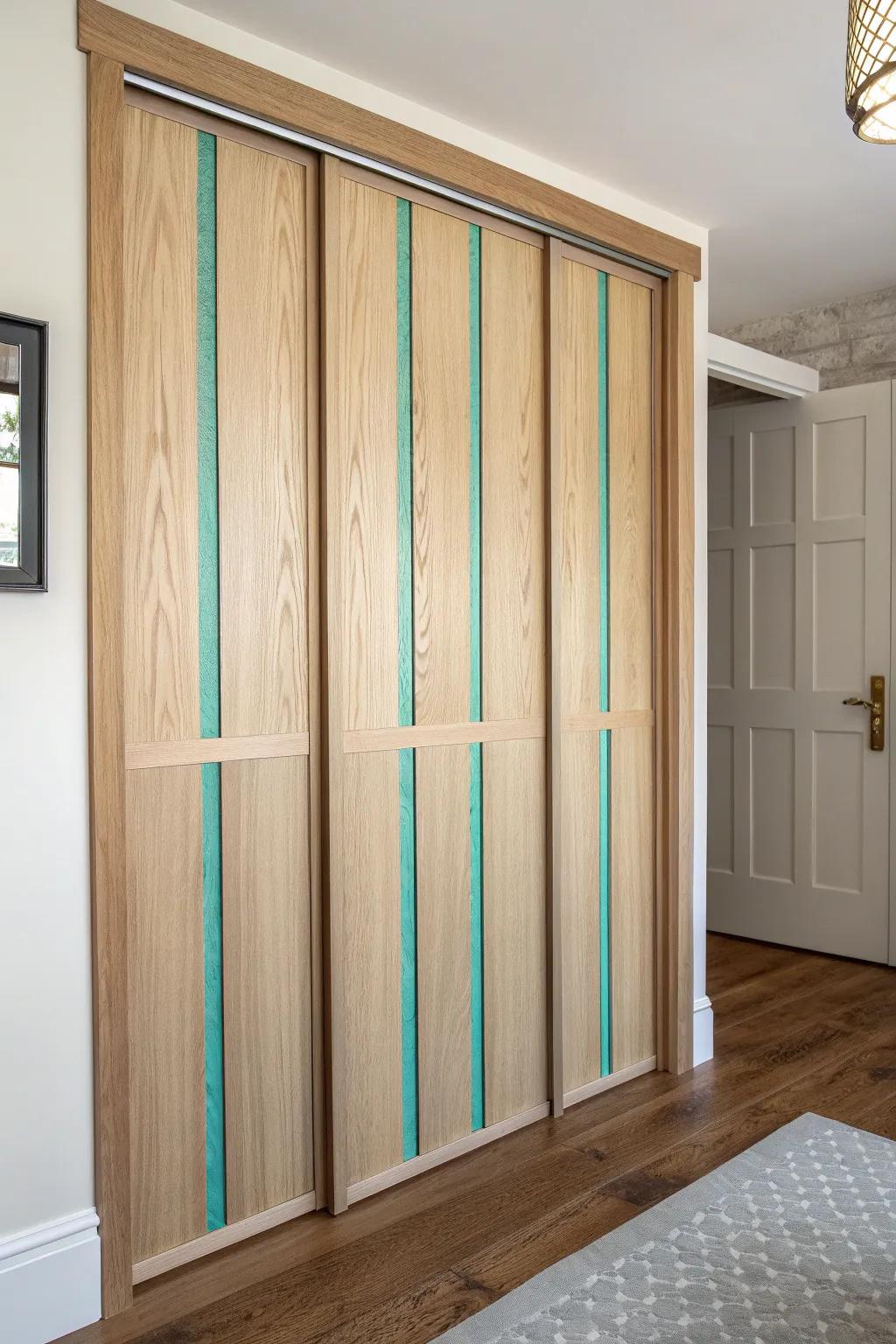 Accordion doors with a sleek epoxy “river” inlay—minimal oak made bold with glossy color.