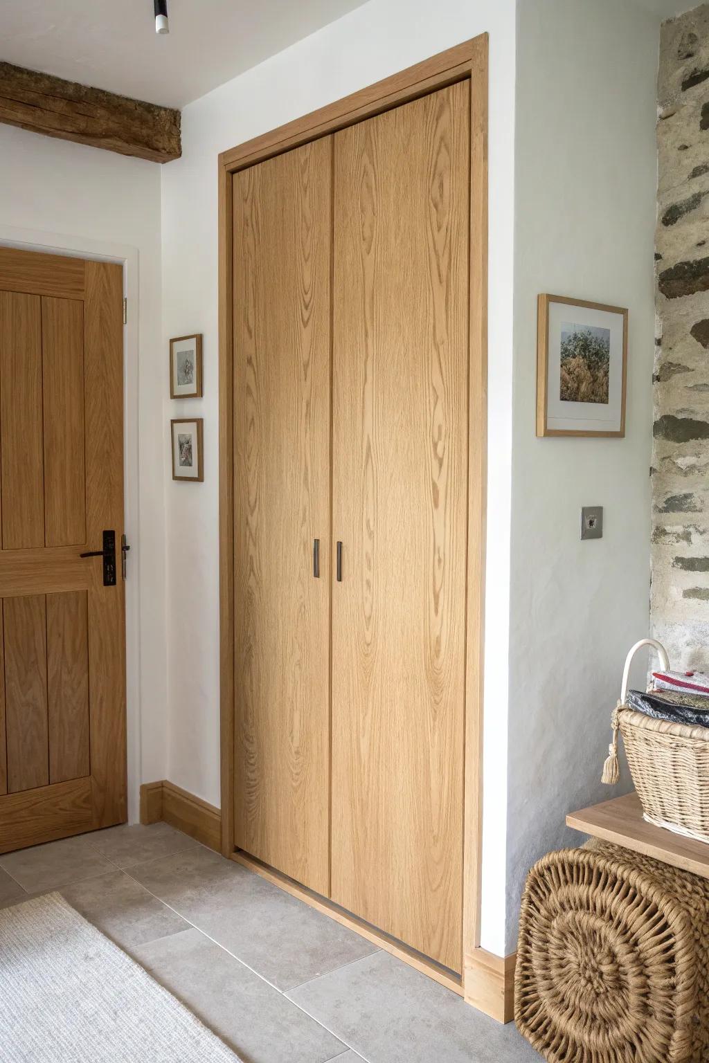 A flush-panel alcove wardrobe that opens like a secret door—minimal, magical, clutter-free.