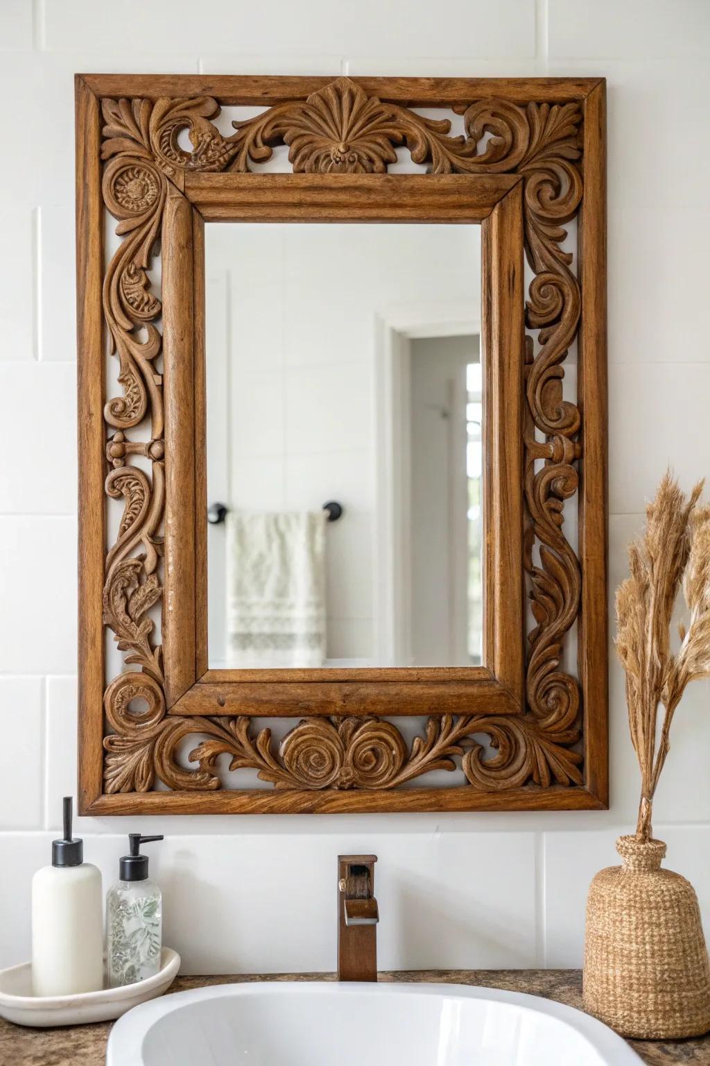 An ornate wood mirror in matching tones makes an antique vanity feel curated and complete.