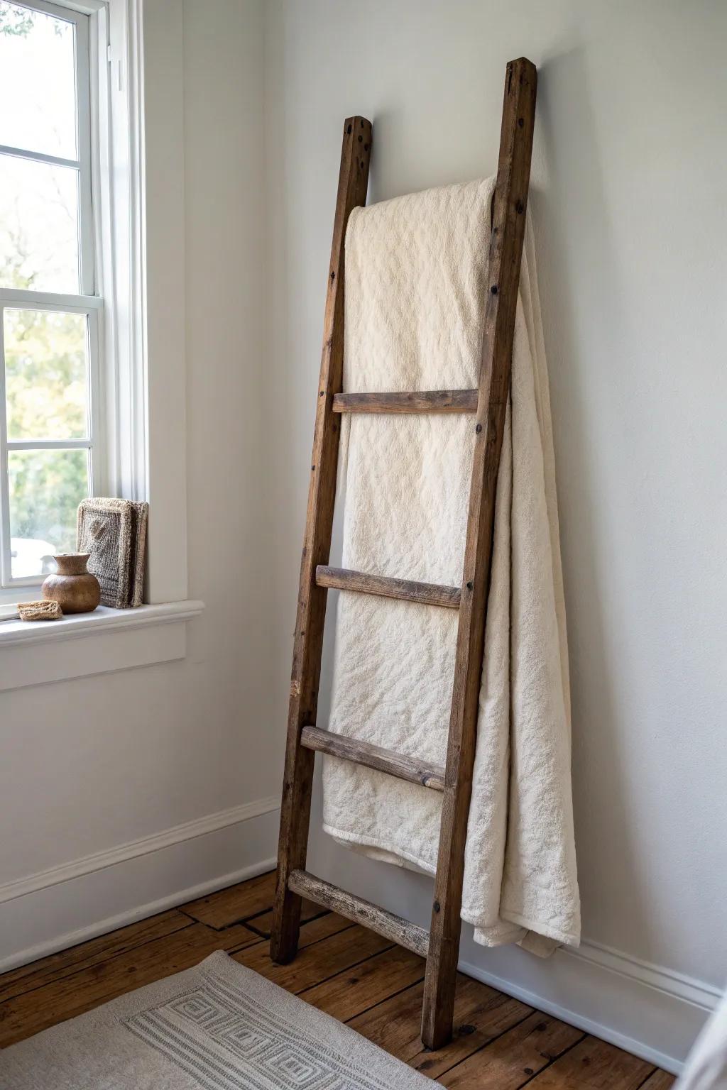 Weathered antique ladder + neutral quilt layers—simple, cozy craftsmanship with a modern edge.